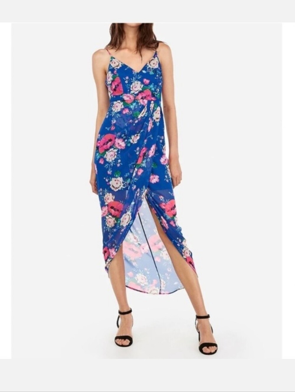 Express Blue & Pink Floral Sheer Faux Wrap Midi Slip Dress Spaghetti Straps